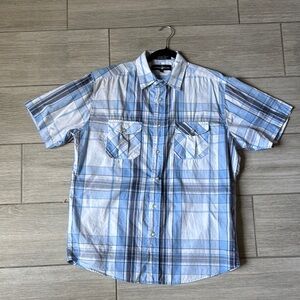 Beverly Hills Polo Club Cotton Blend Blue Plaid Button Down Short Sleeve L